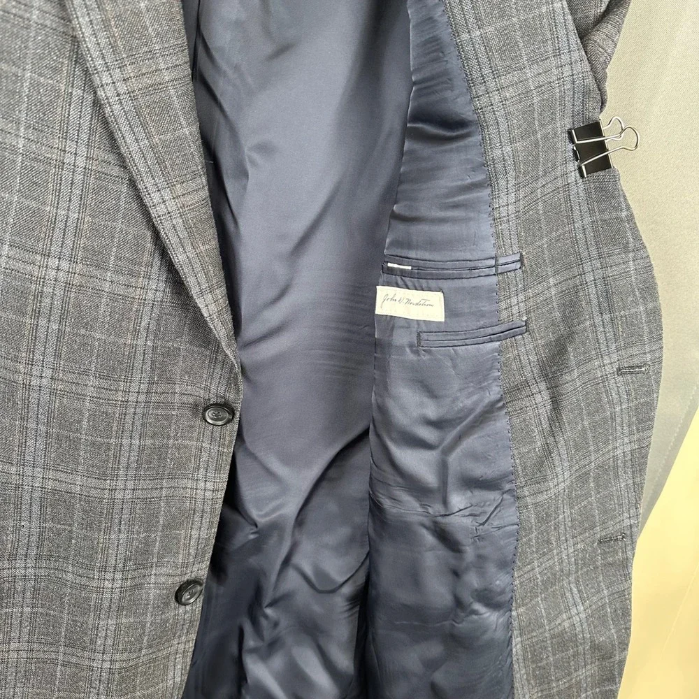 John W. Nordstrom Mens 44L Blazer Sport Coat Grey Blue Plaid Silk Wool Blend